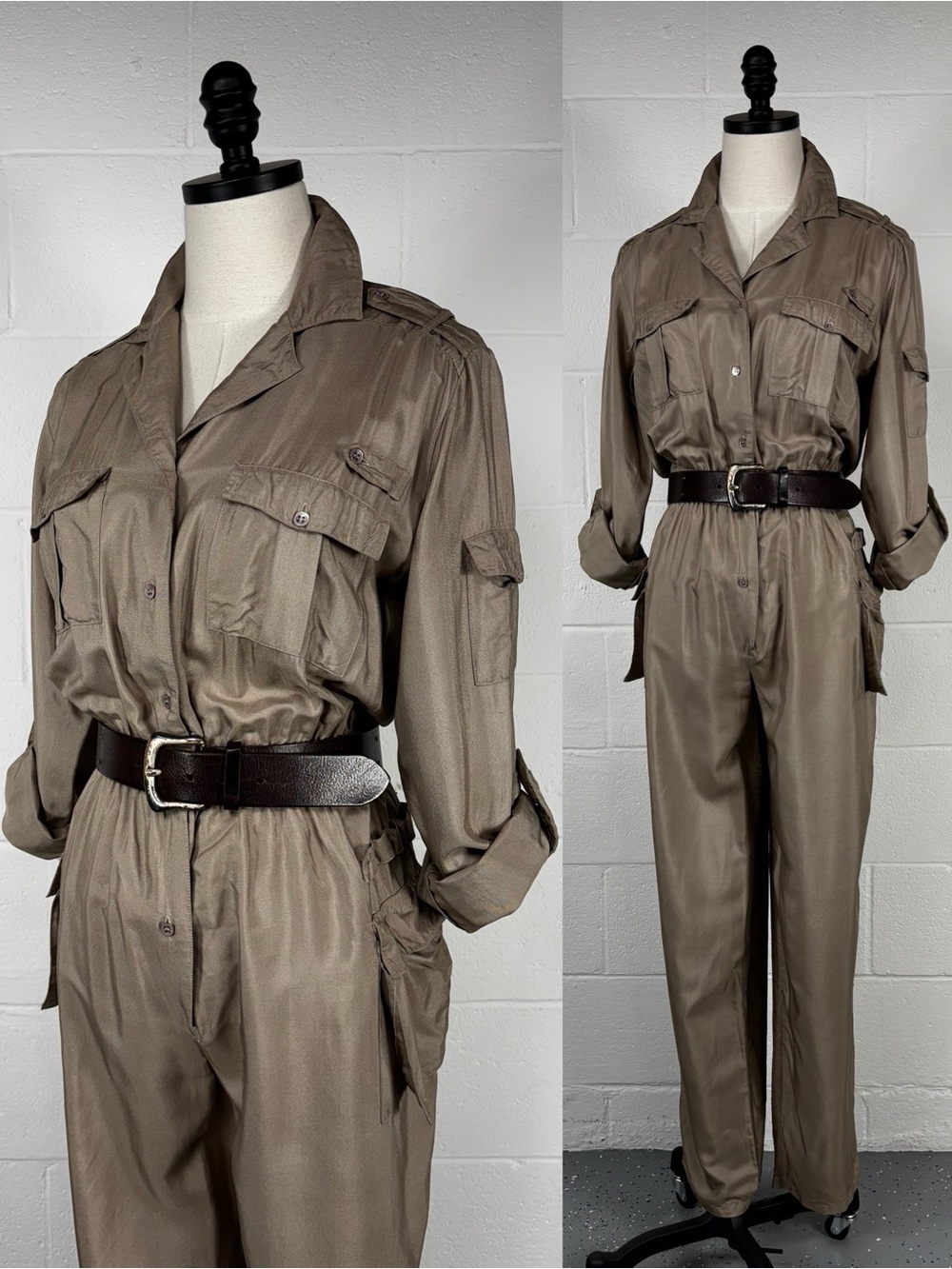 Vintage 80s Royal Silk Khaki Jumpsuit Boiler Flight Suit Utility Pockets M 8